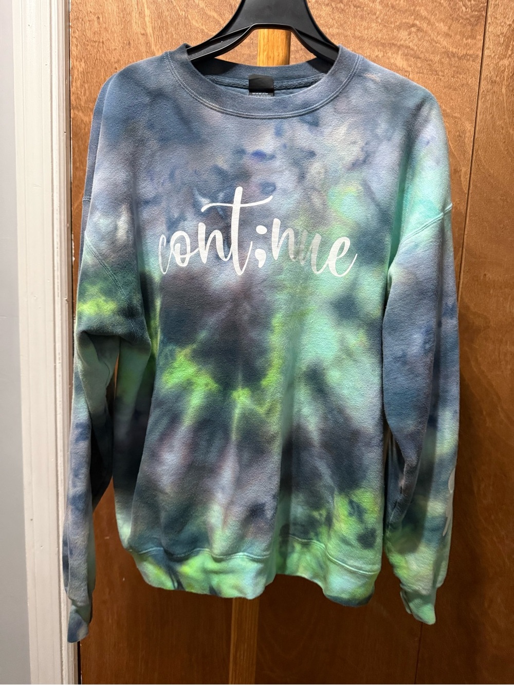 Handmade Ice Dye Crewneck with “Continue” on front